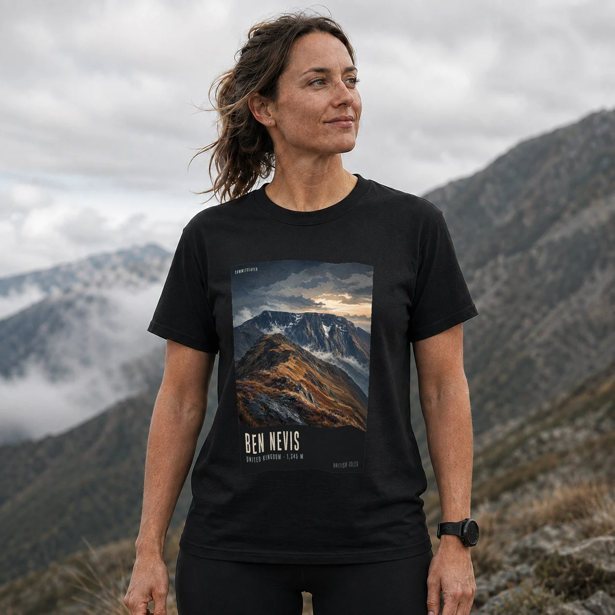 Black Ben Nevis T-shirt front with mountain artwork