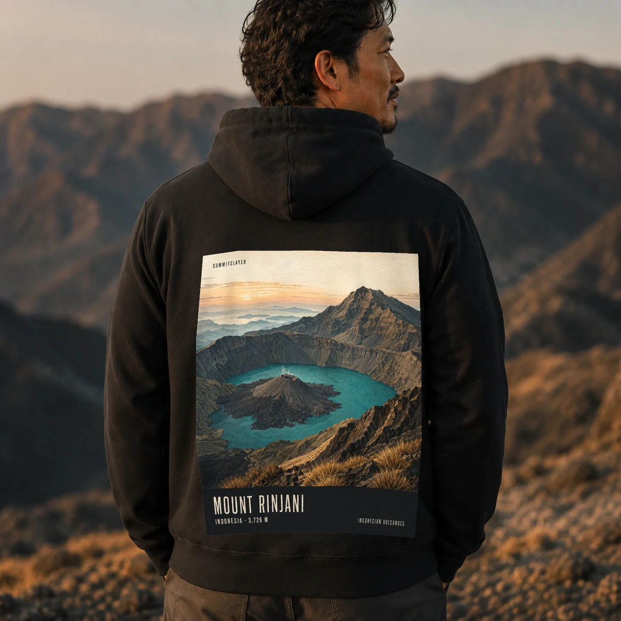 Black Mount Rinjani hoodie back with large mountain artwork