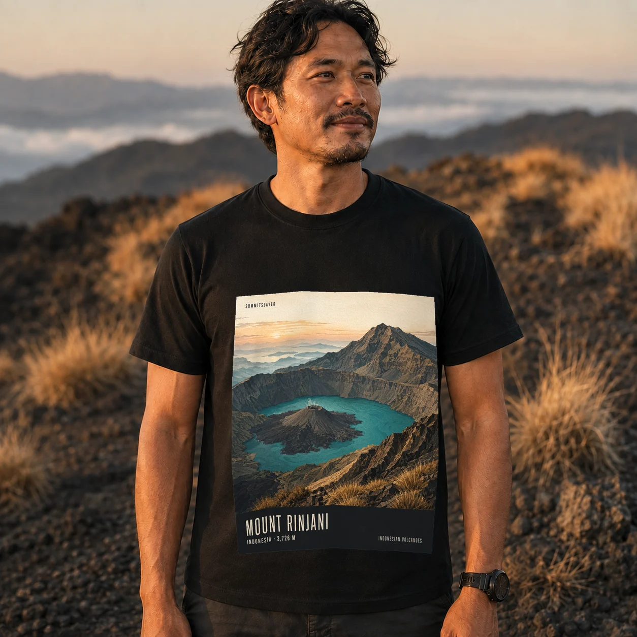 Black Mount Rinjani T-shirt front with mountain artwork