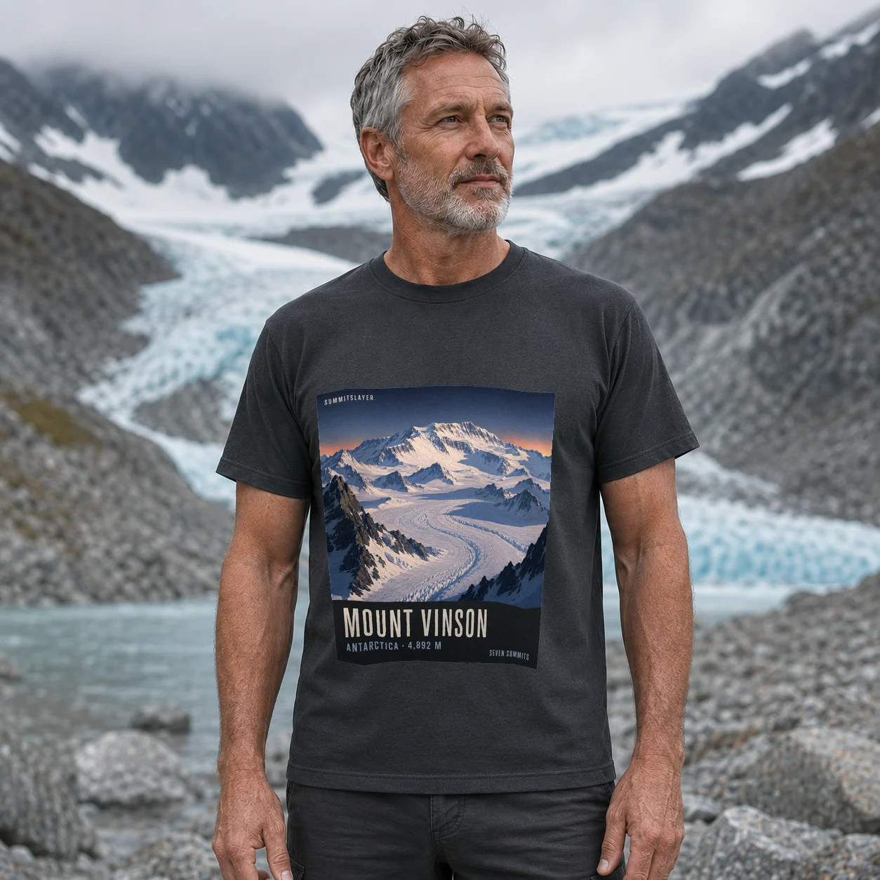 Charcoal Mount Vinson T-shirt front with mountain artwork