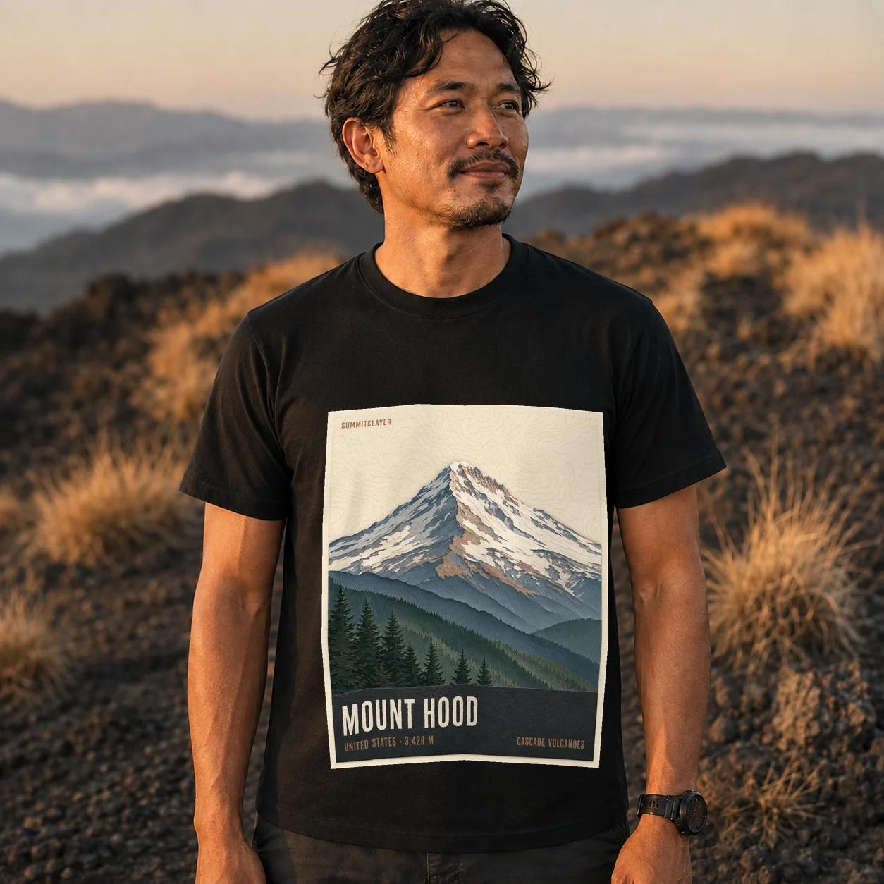Black Mount Hood T-shirt front with mountain artwork