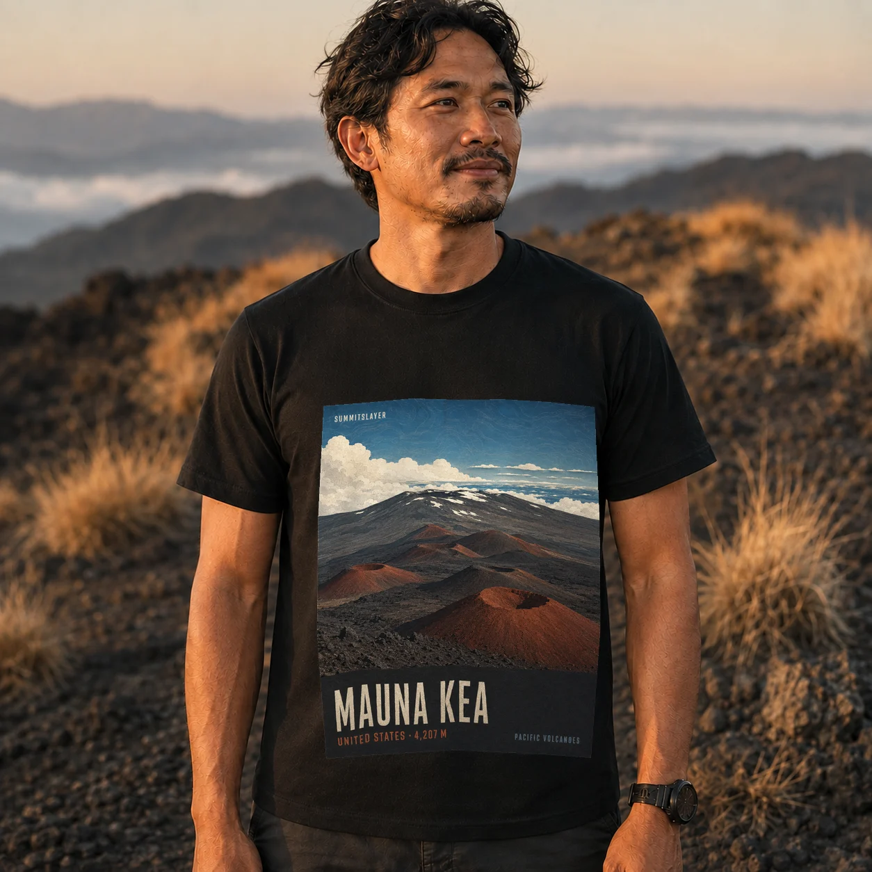 Black Mauna Kea T-shirt front with mountain artwork