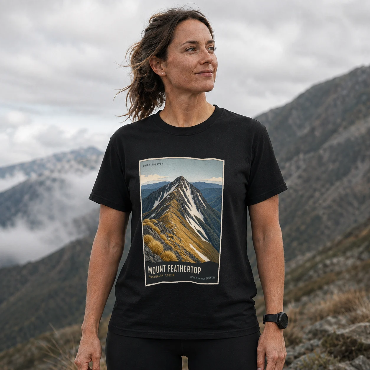 Black Mount Feathertop T-shirt front with mountain artwork