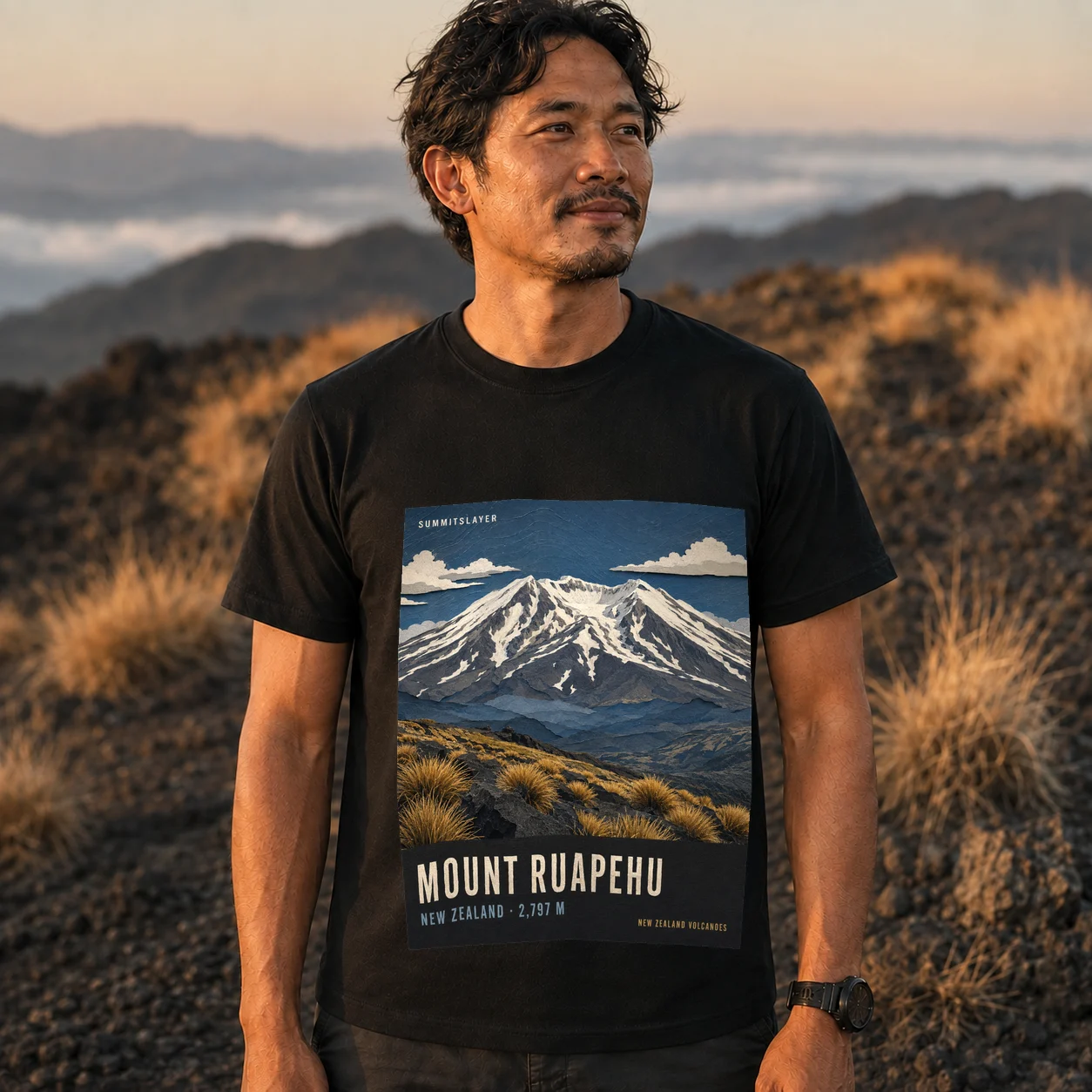 Black Mount Ruapehu T-shirt front with mountain artwork