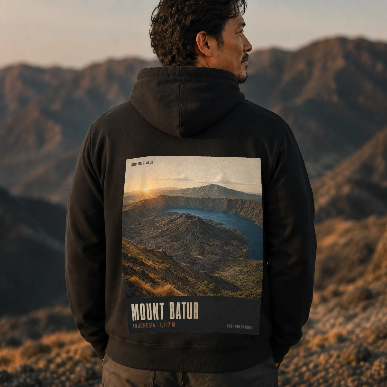 Black Mount Batur hoodie back with large mountain artwork