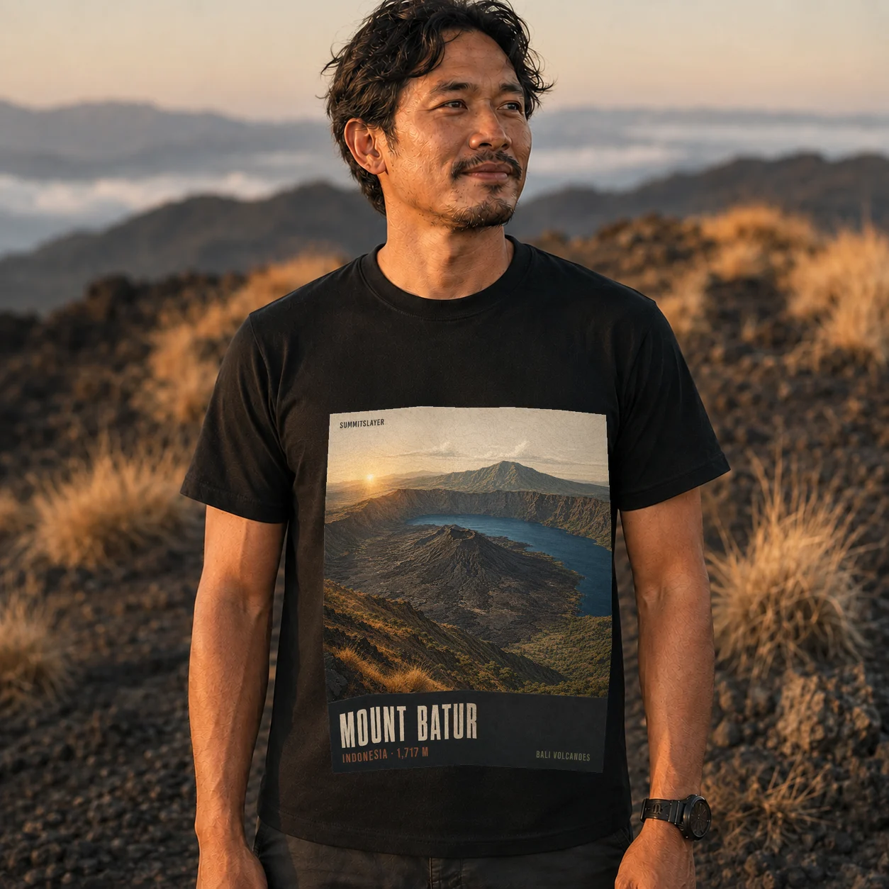 Black Mount Batur T-shirt front with mountain artwork