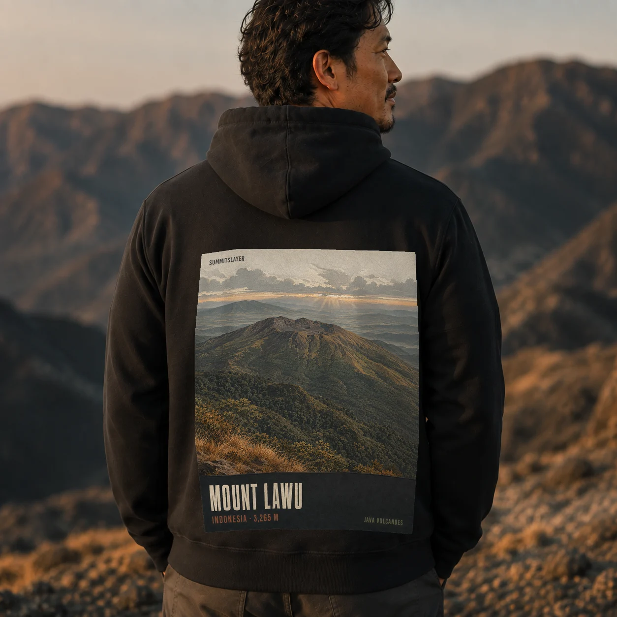 Black Mount Lawu hoodie back with large mountain artwork