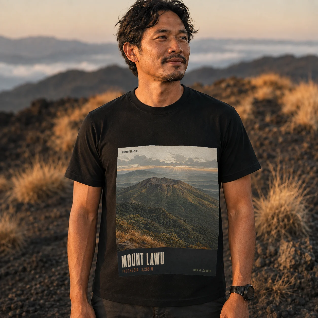 Black Mount Lawu T-shirt front with mountain artwork