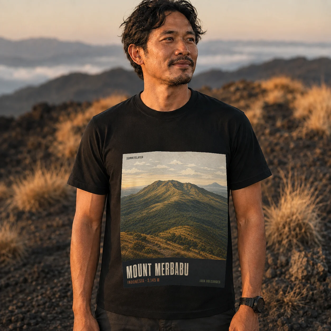 Black Mount Merbabu T-shirt front with mountain artwork