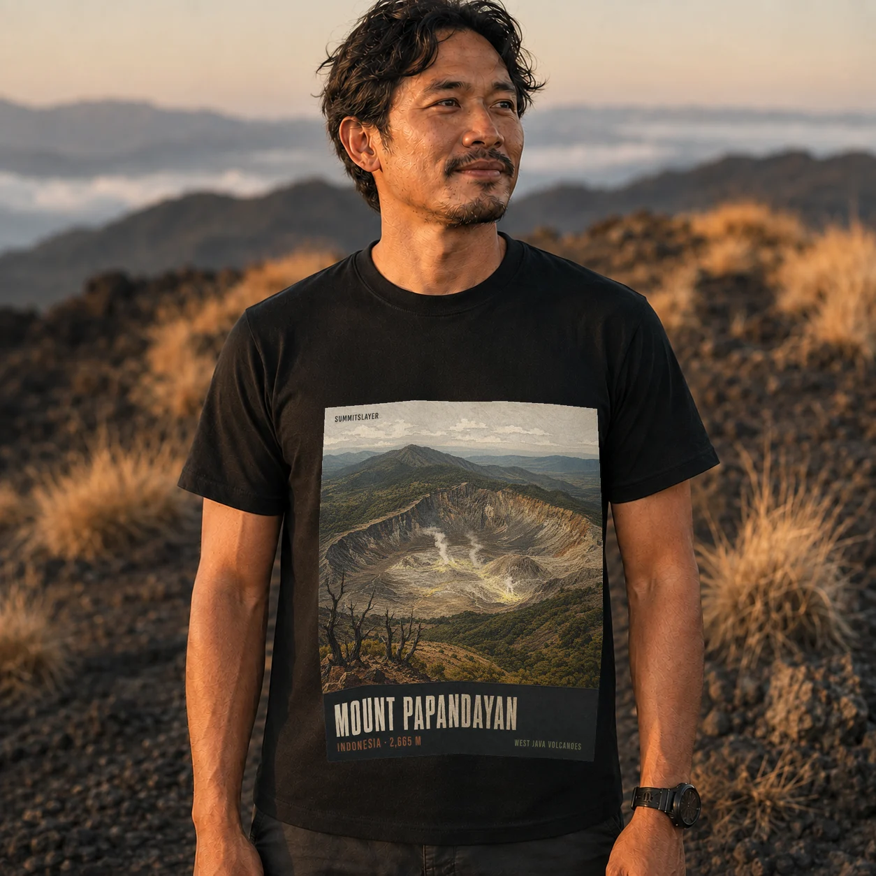 Black Mount Papandayan T-shirt front with mountain artwork