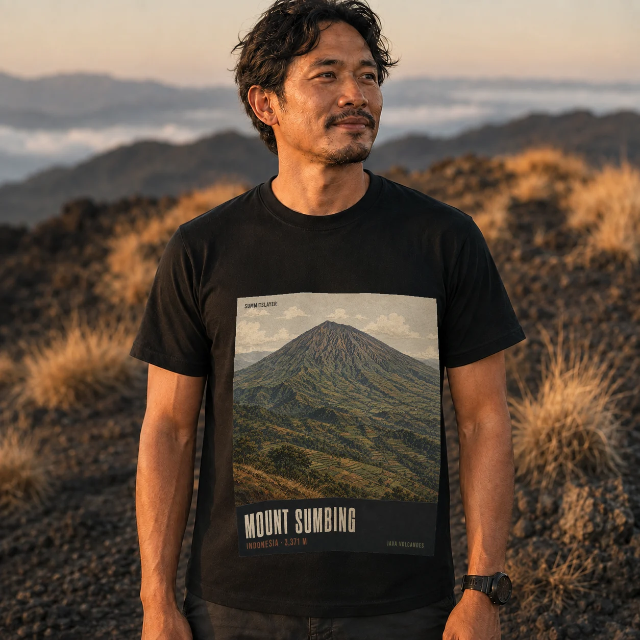 Black Mount Sumbing T-shirt front with mountain artwork