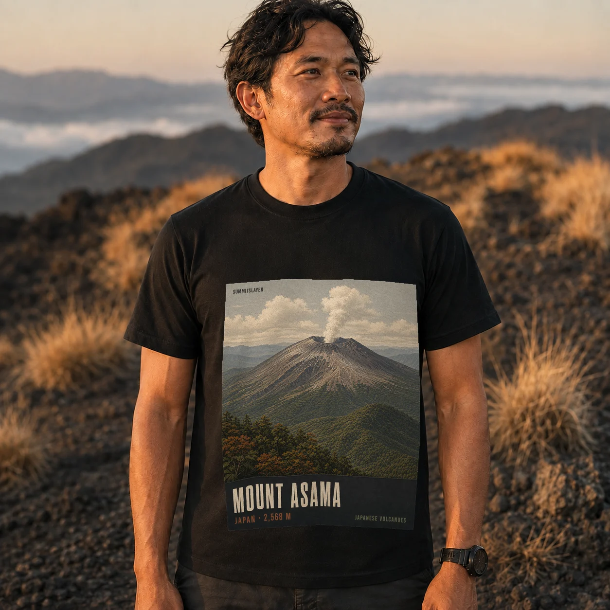 Black Mount Asama T-shirt front with mountain artwork