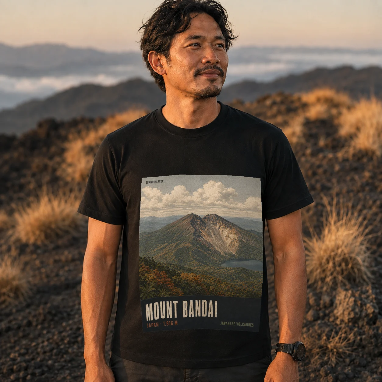 Black Mount Bandai T-shirt front with mountain artwork