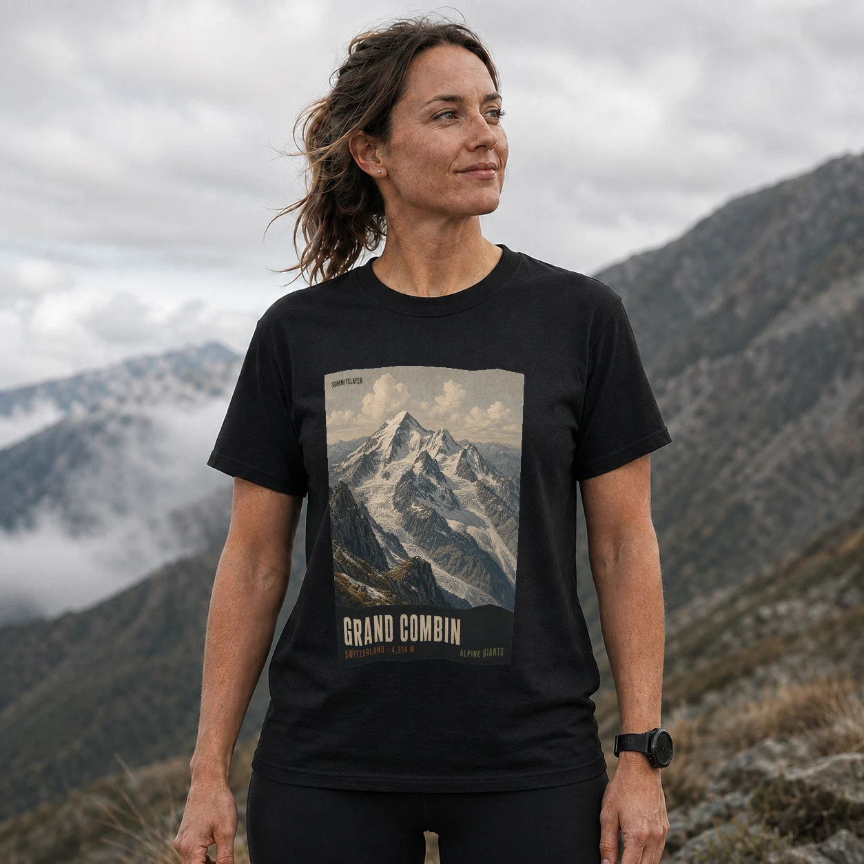 Black Grand Combin T-shirt front with mountain artwork