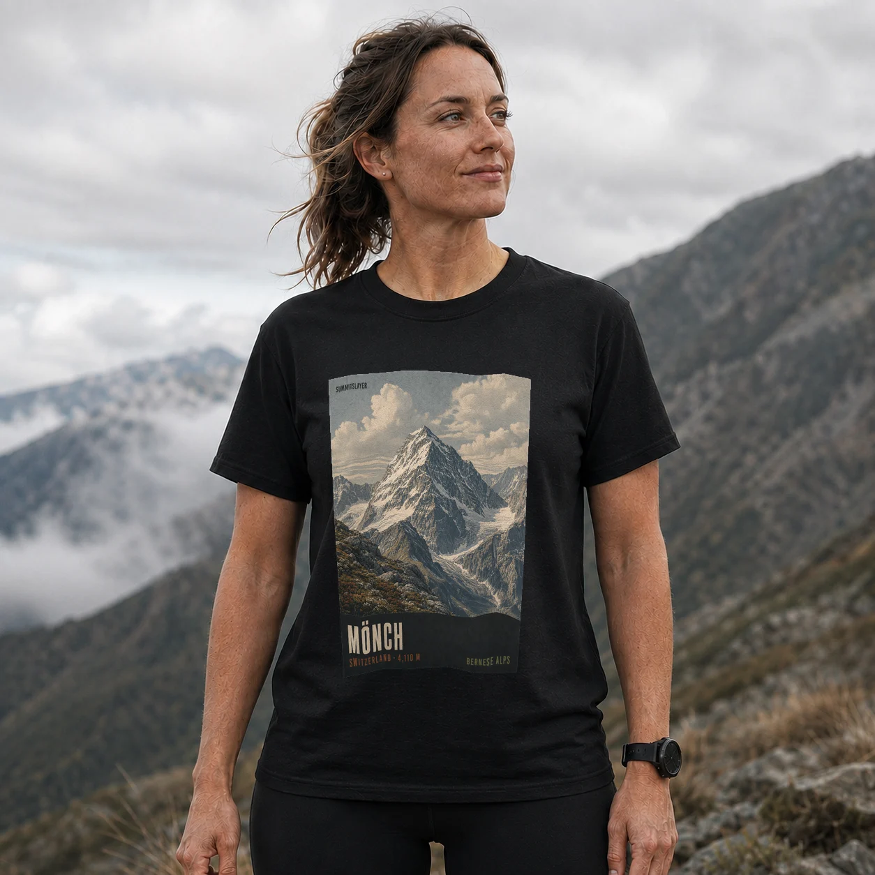Black Mönch T-shirt front with mountain artwork