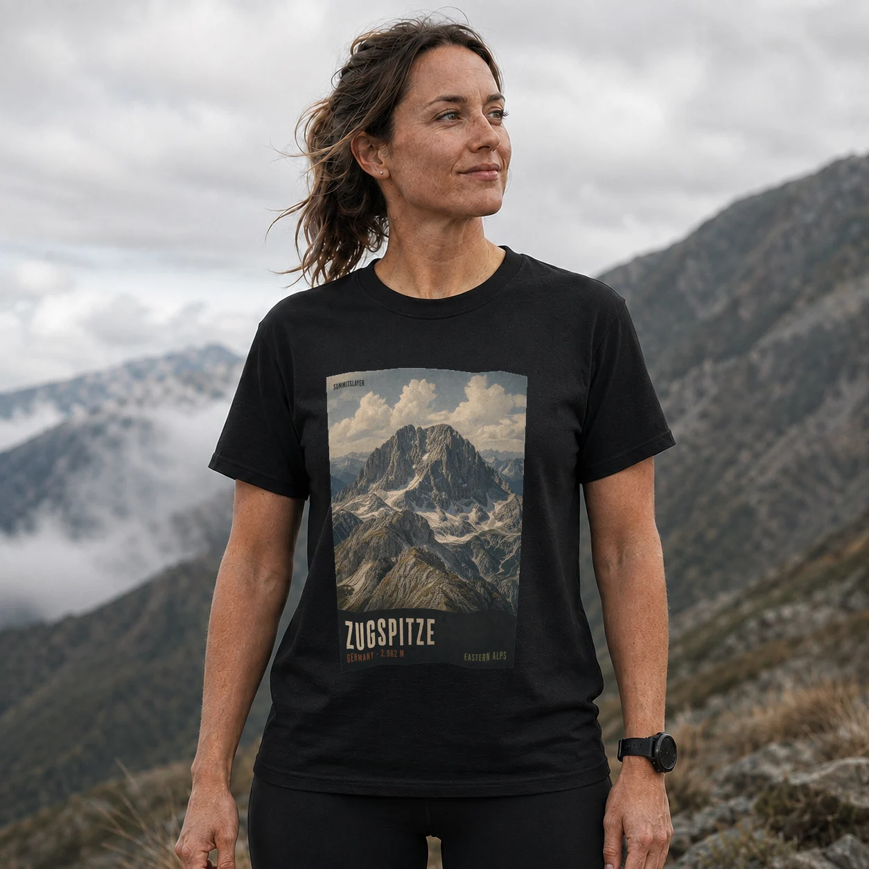 Black Zugspitze T-shirt front with mountain artwork