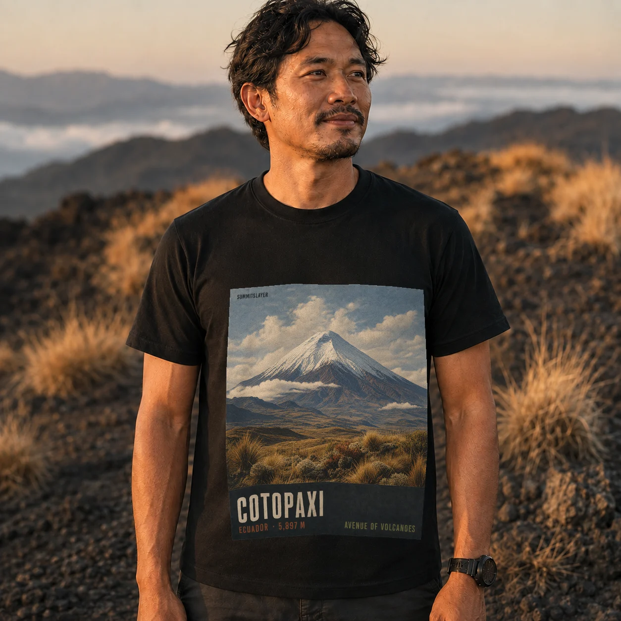 Black Cotopaxi T-shirt front with mountain artwork