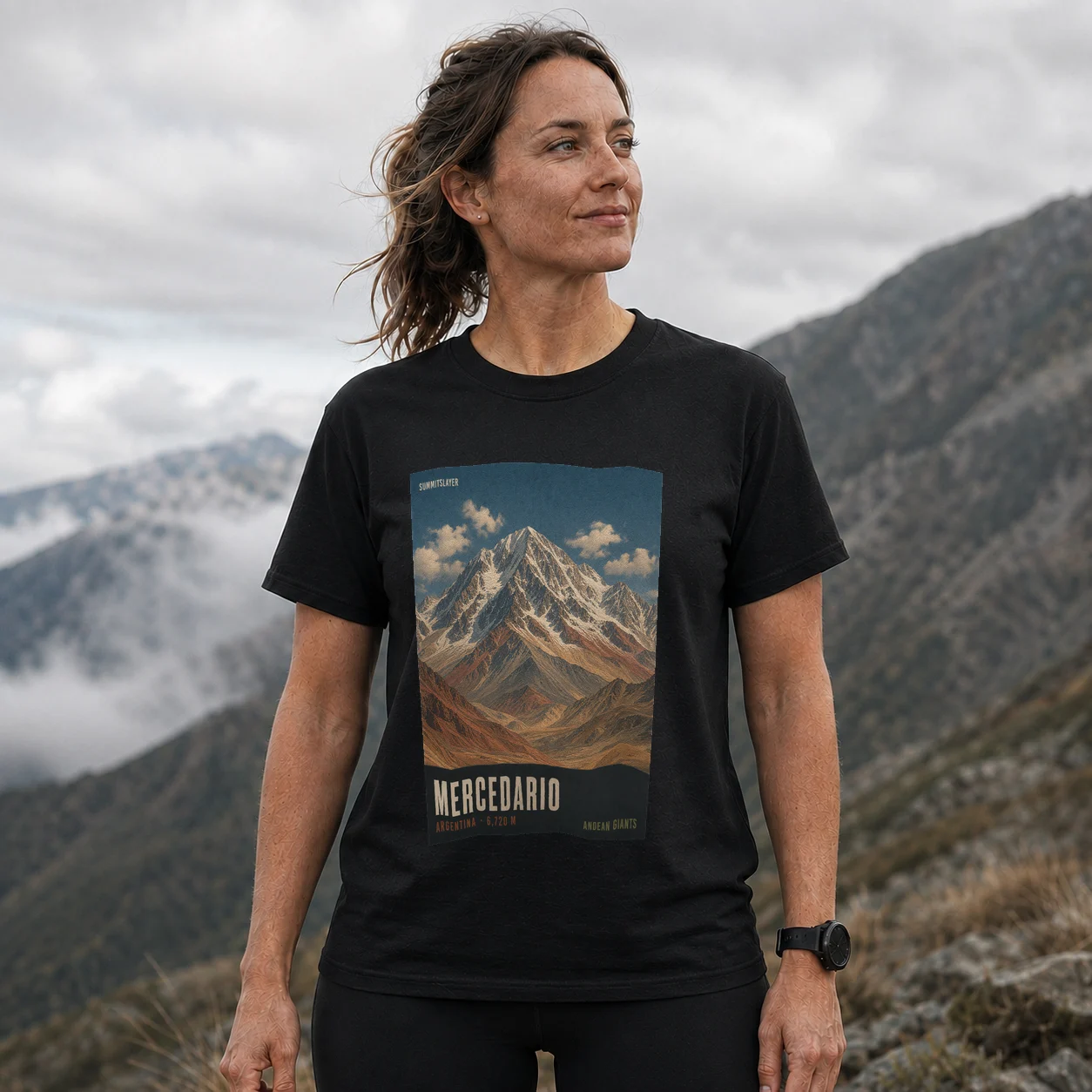 Black Mercedario T-shirt front with mountain artwork