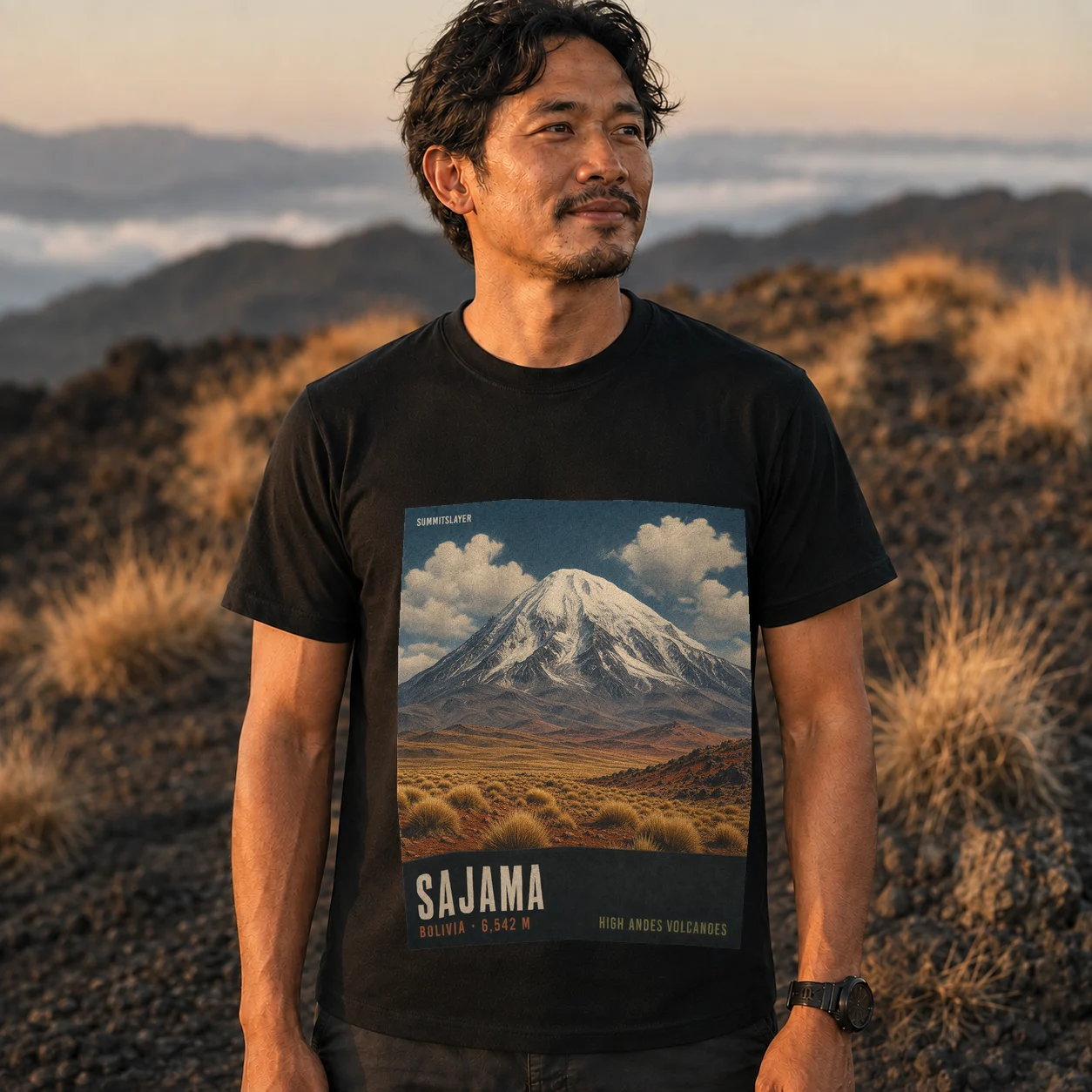 Black Sajama T-shirt front with mountain artwork