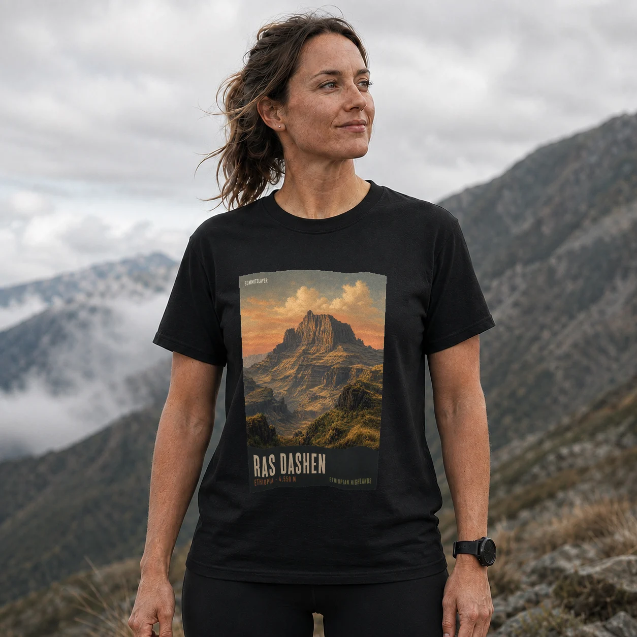 Black Ras Dashen T-shirt front with mountain artwork