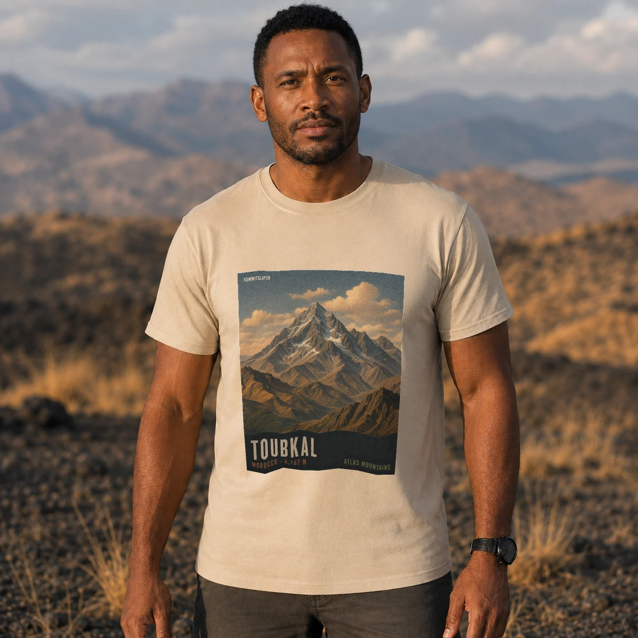 Sand Toubkal T-shirt front with mountain artwork