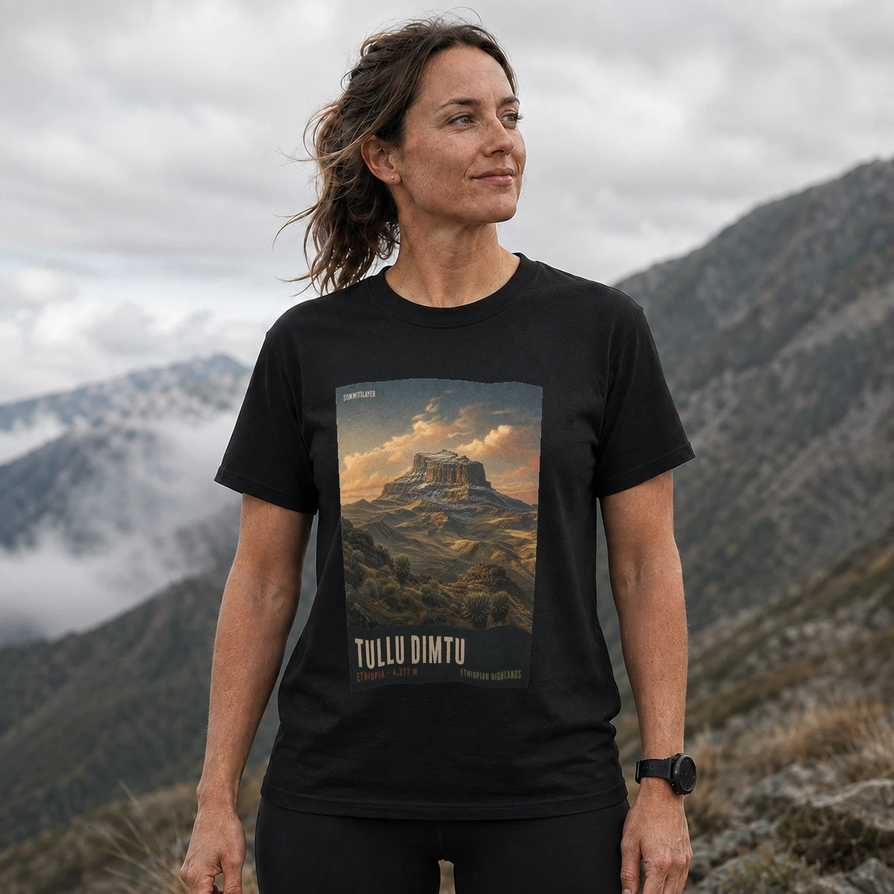 Black Tullu Dimtu T-shirt front with mountain artwork
