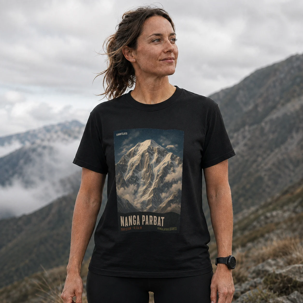 Black Nanga Parbat T-shirt front with mountain artwork