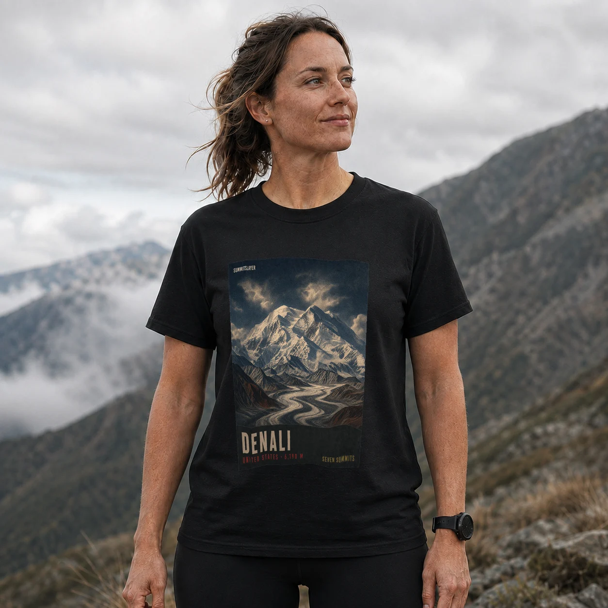 Black Denali T-shirt front with mountain artwork