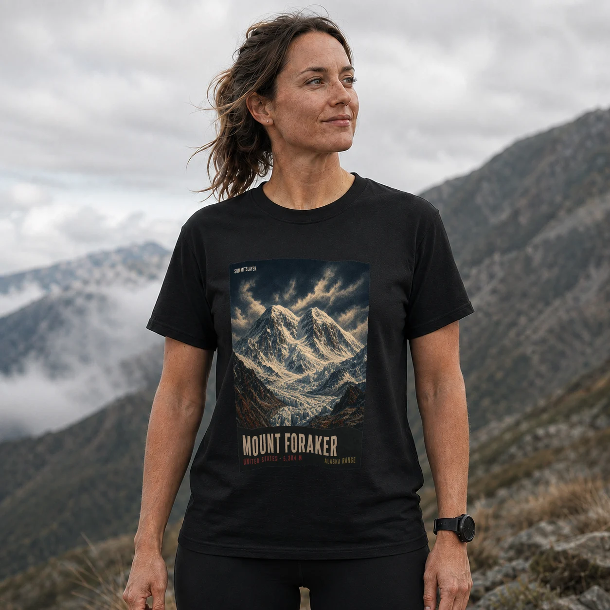 Black Mount Foraker T-shirt front with mountain artwork