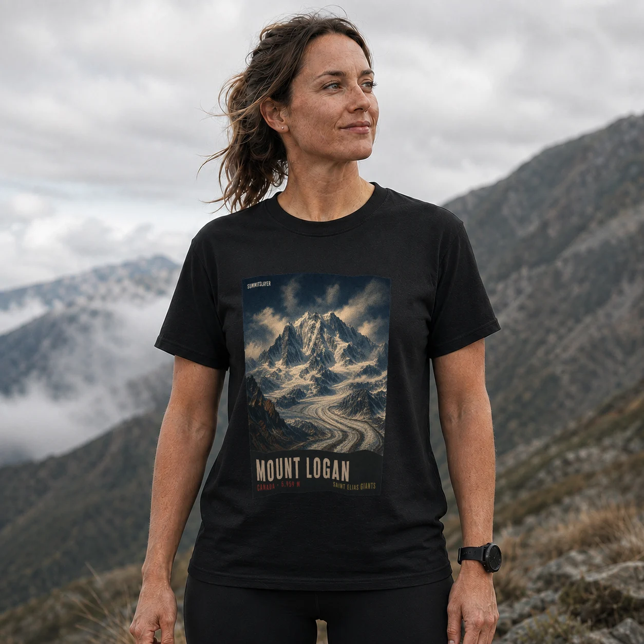 Black Mount Logan T-shirt front with mountain artwork