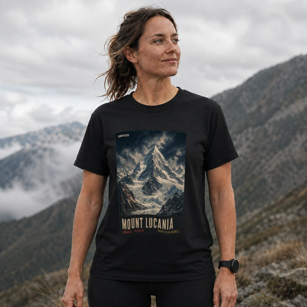 Black Mount Lucania T-shirt front with mountain artwork