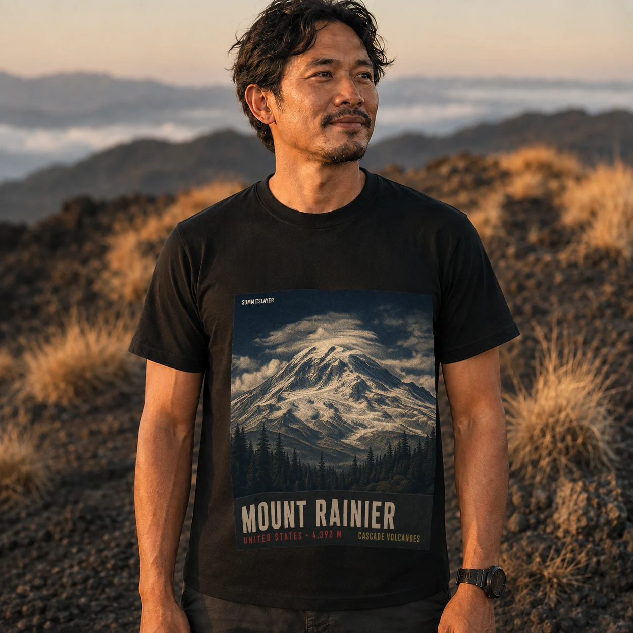 Black Mount Rainier T-shirt front with mountain artwork