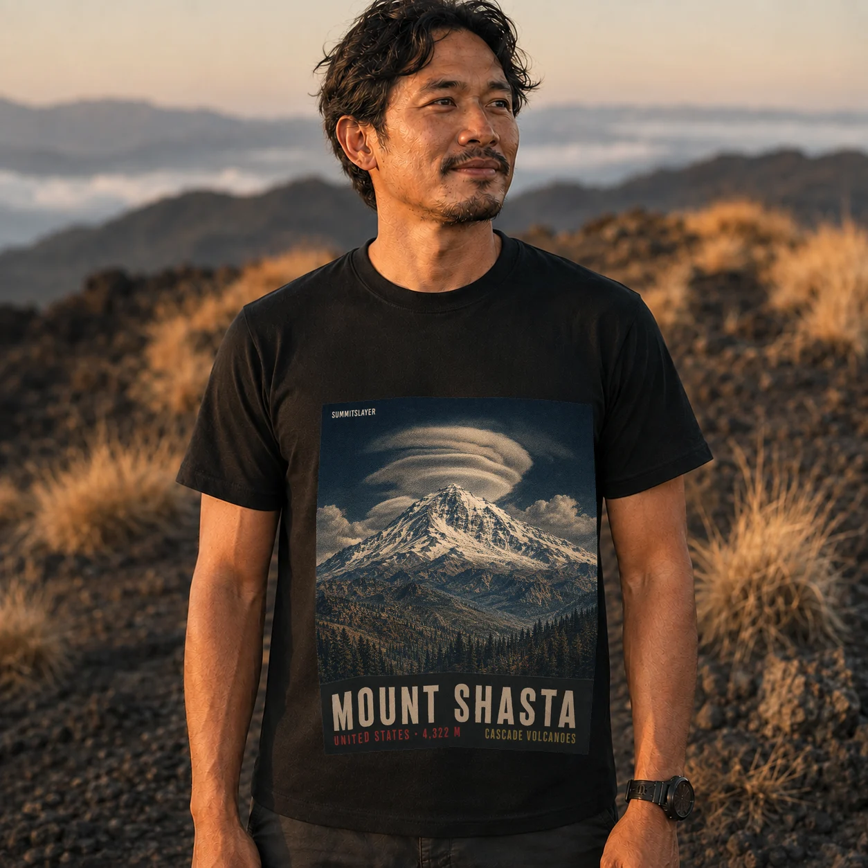 Black Mount Shasta T-shirt front with mountain artwork