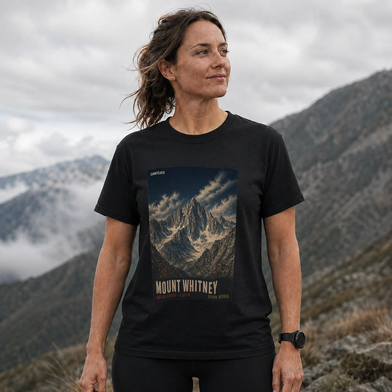 Black Mount Whitney T-shirt front with mountain artwork