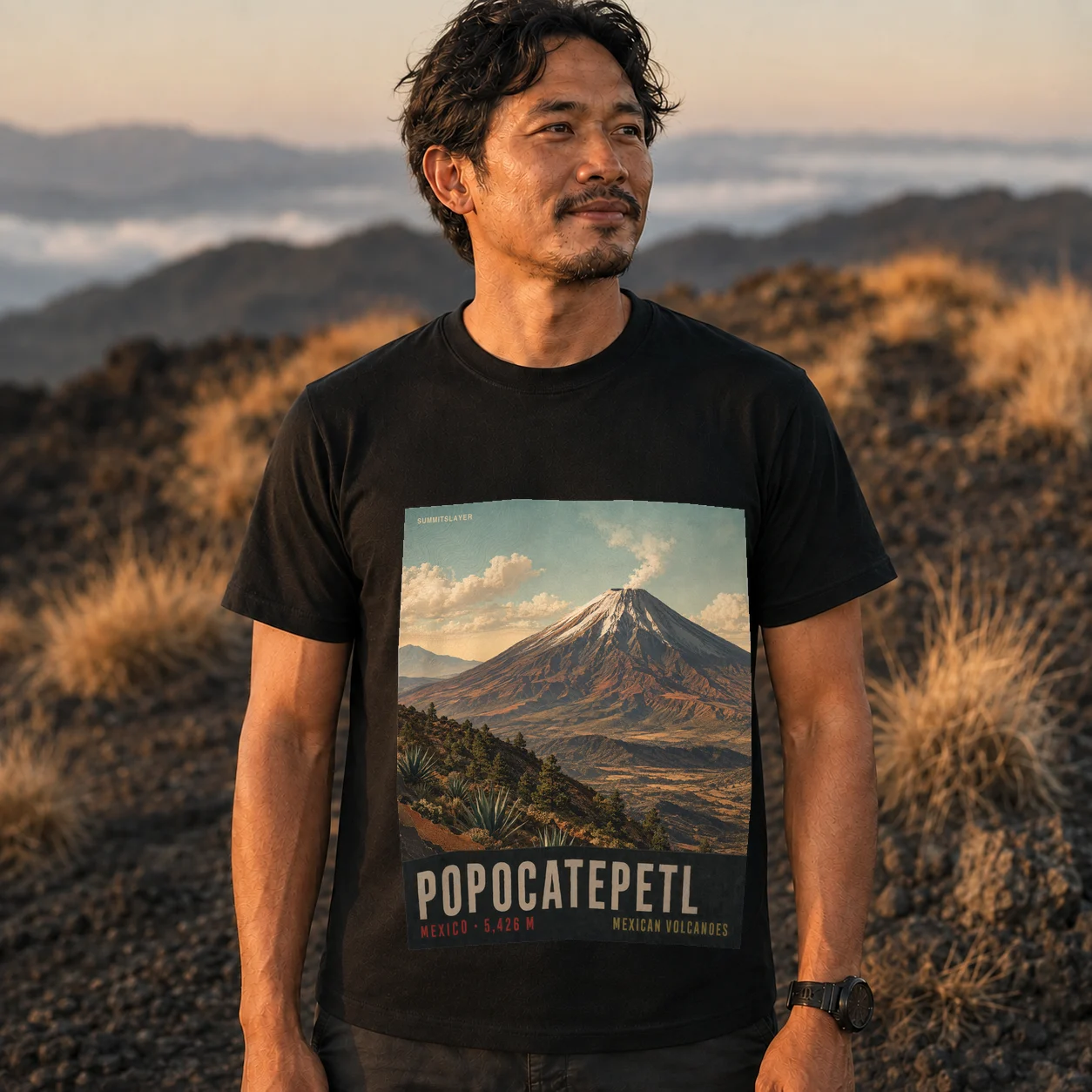 Black Popocatepetl T-shirt front with mountain artwork