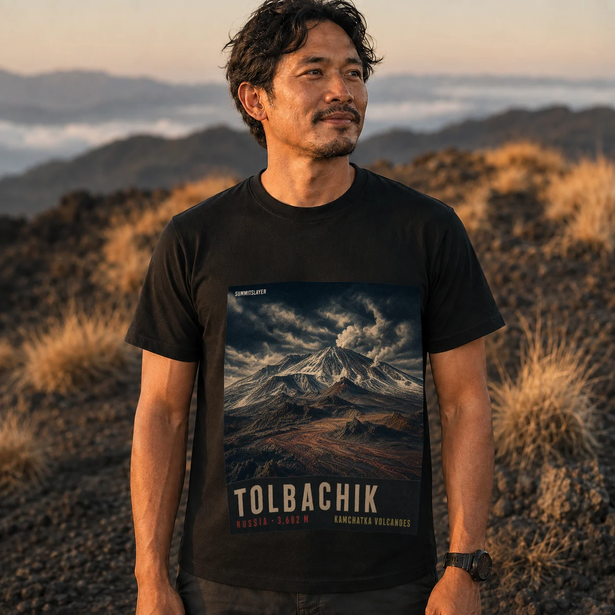 Black Tolbachik T-shirt front with mountain artwork