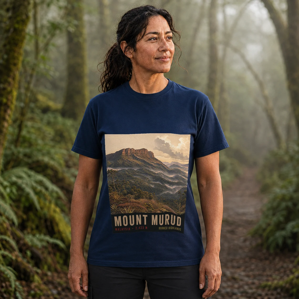Navy Mount Murud T-shirt front with mountain artwork