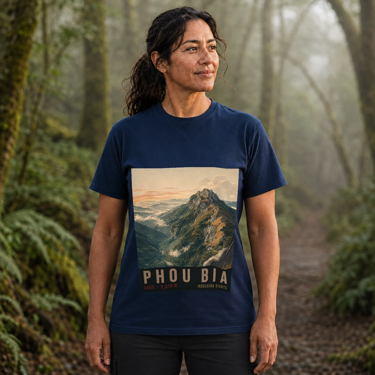 Navy Phou Bia T-shirt front with mountain artwork