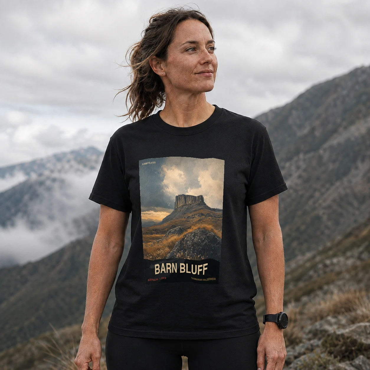 Black Barn Bluff T-shirt front with mountain artwork