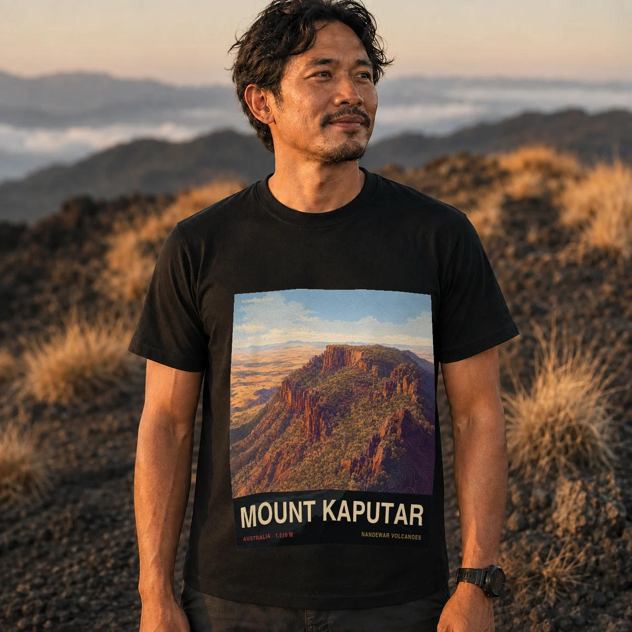 Black Mount Kaputar T-shirt front with mountain artwork