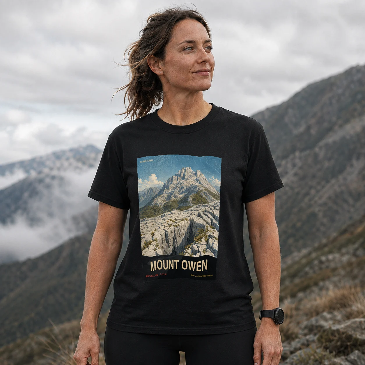 Black Mount Owen T-shirt front with mountain artwork