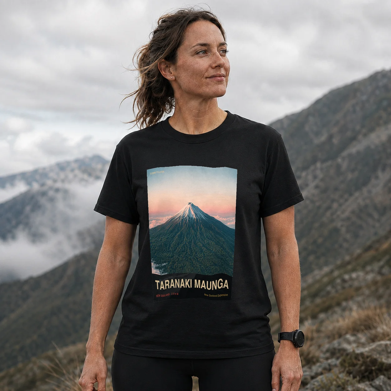 Black Taranaki Maunga T-shirt front with mountain artwork