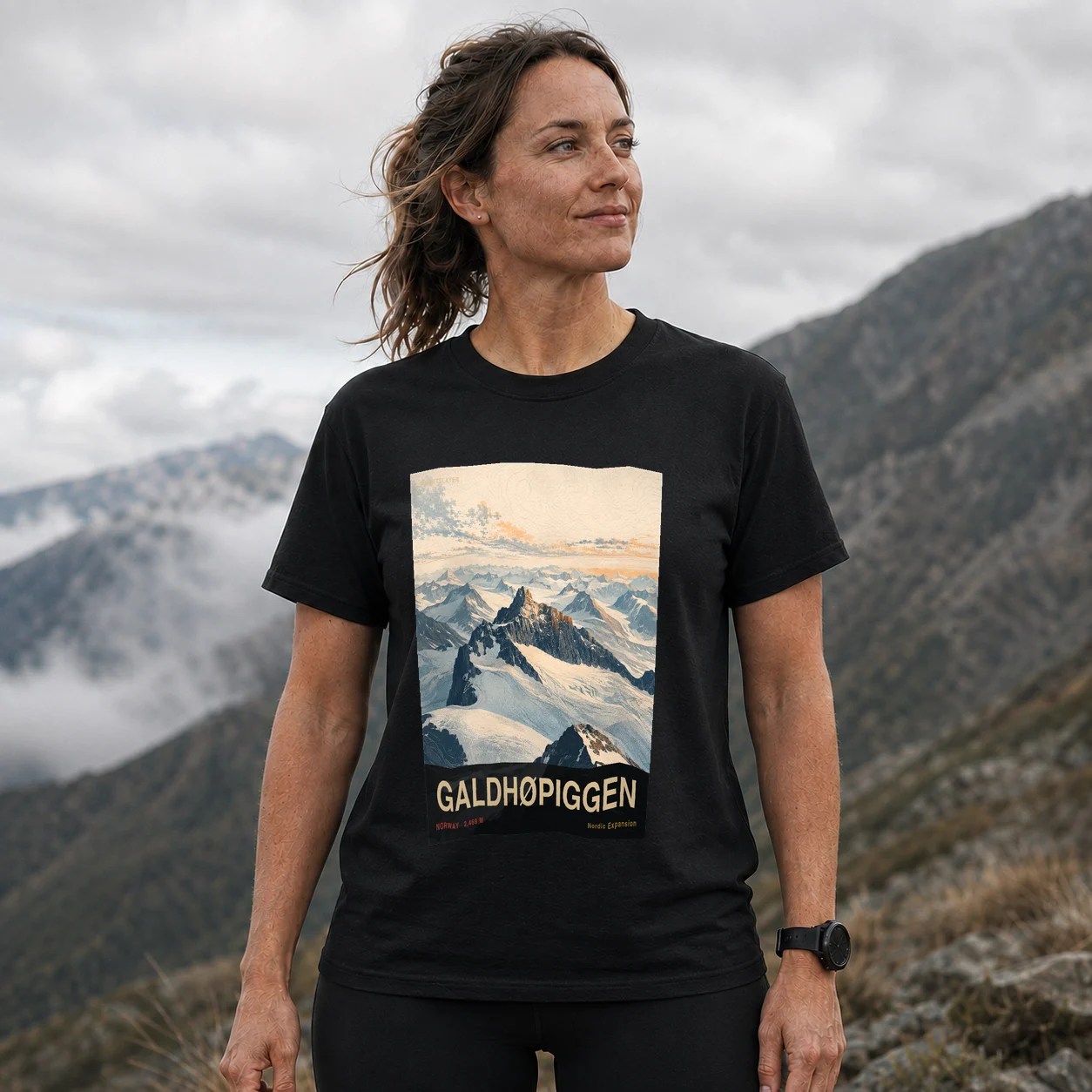 Black Galdhøpiggen T-shirt front with mountain artwork