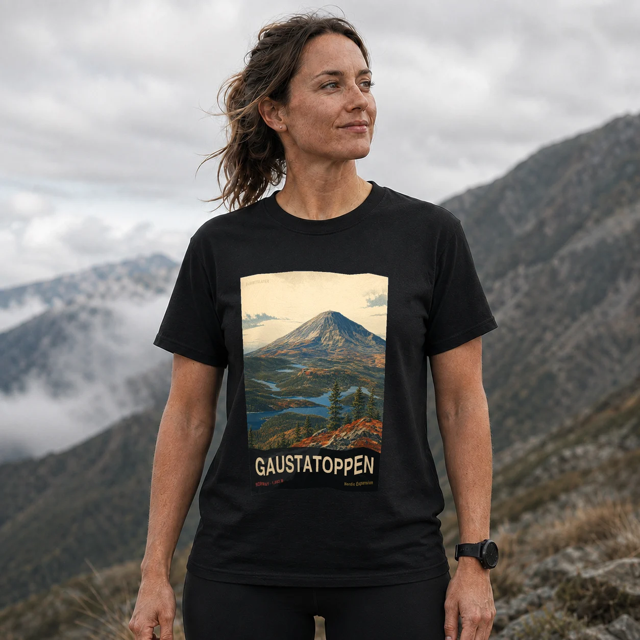 Black Gaustatoppen T-shirt front with mountain artwork