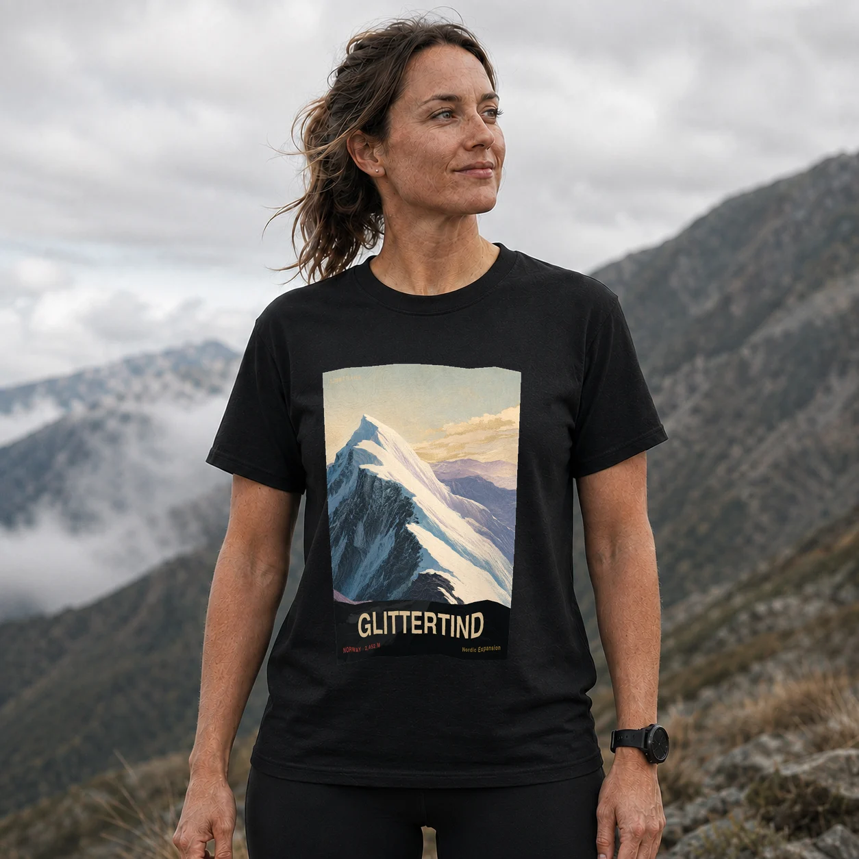 Black Glittertind T-shirt front with mountain artwork