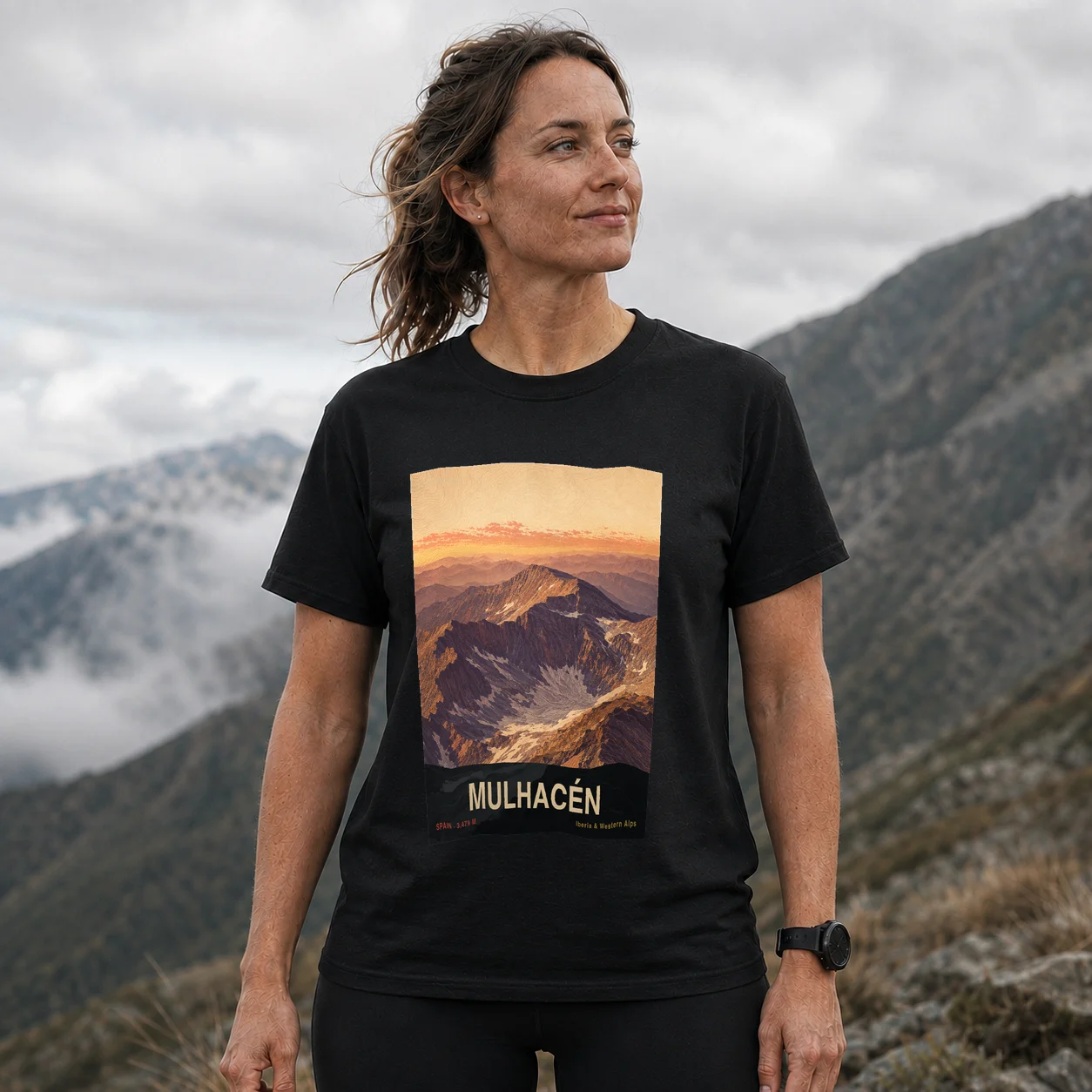 Black Mulhacén T-shirt front with mountain artwork