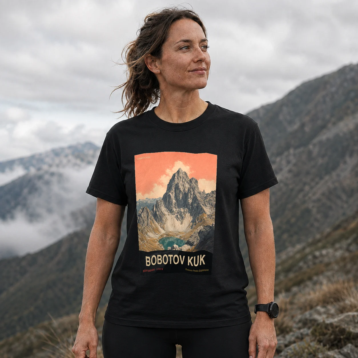 Black Bobotov Kuk T-shirt front with mountain artwork