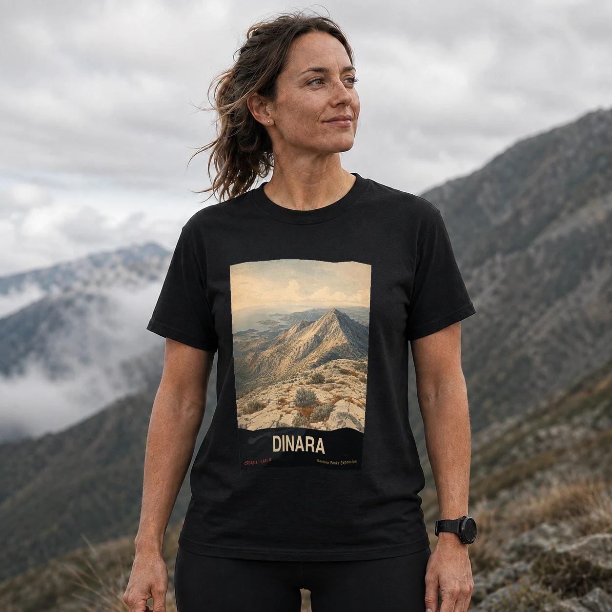 Black Dinara T-shirt front with mountain artwork