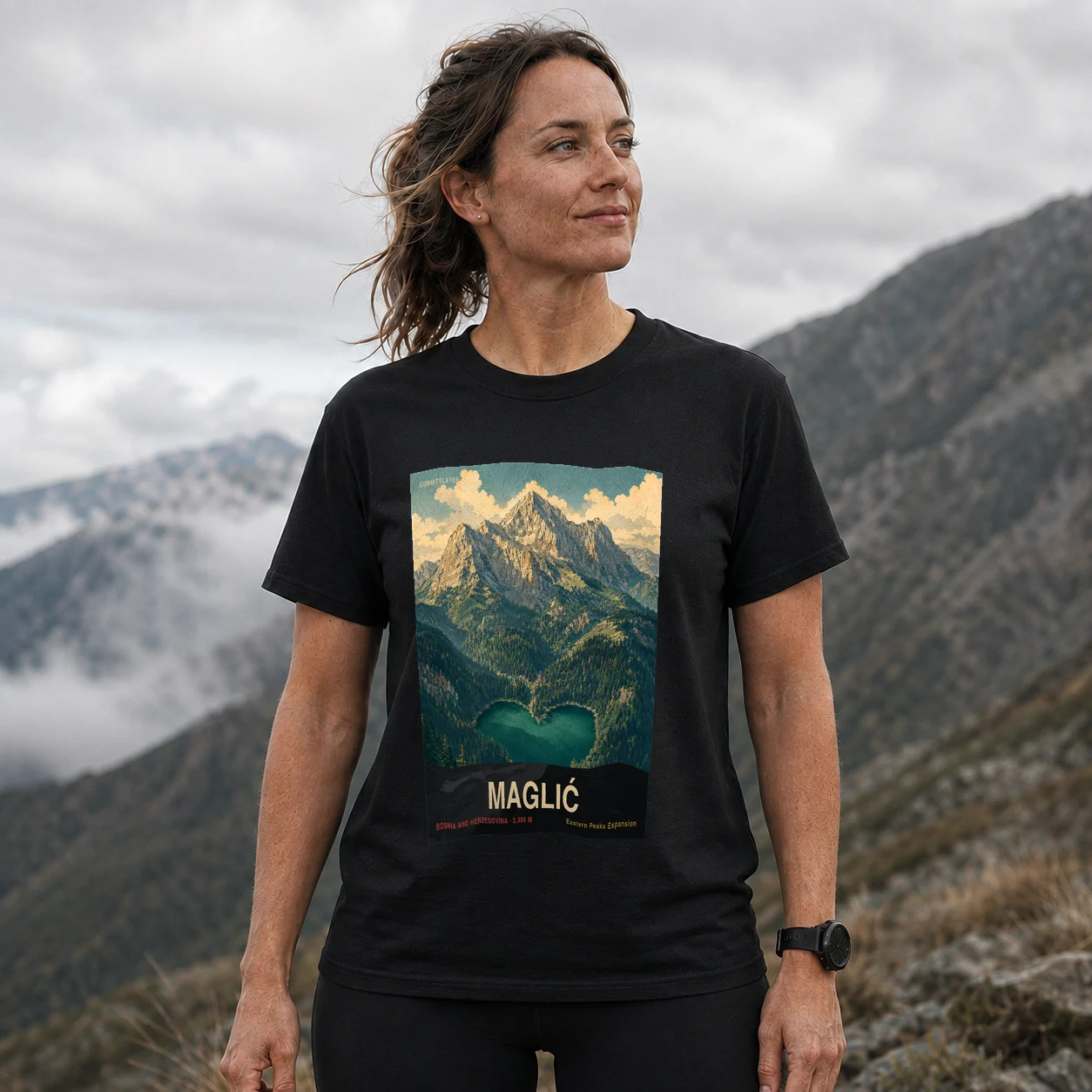 Black Maglić T-shirt front with mountain artwork