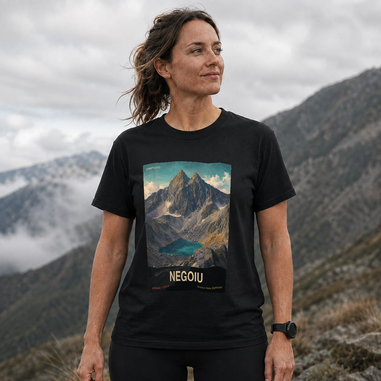 Black Negoiu T-shirt front with mountain artwork